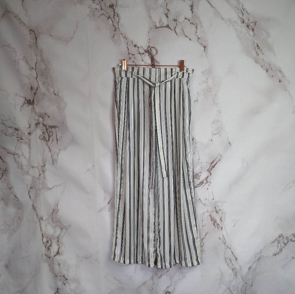 Zara Culotte Wide Leg Pull On Pants Striped Small Cream Blue High Rise White